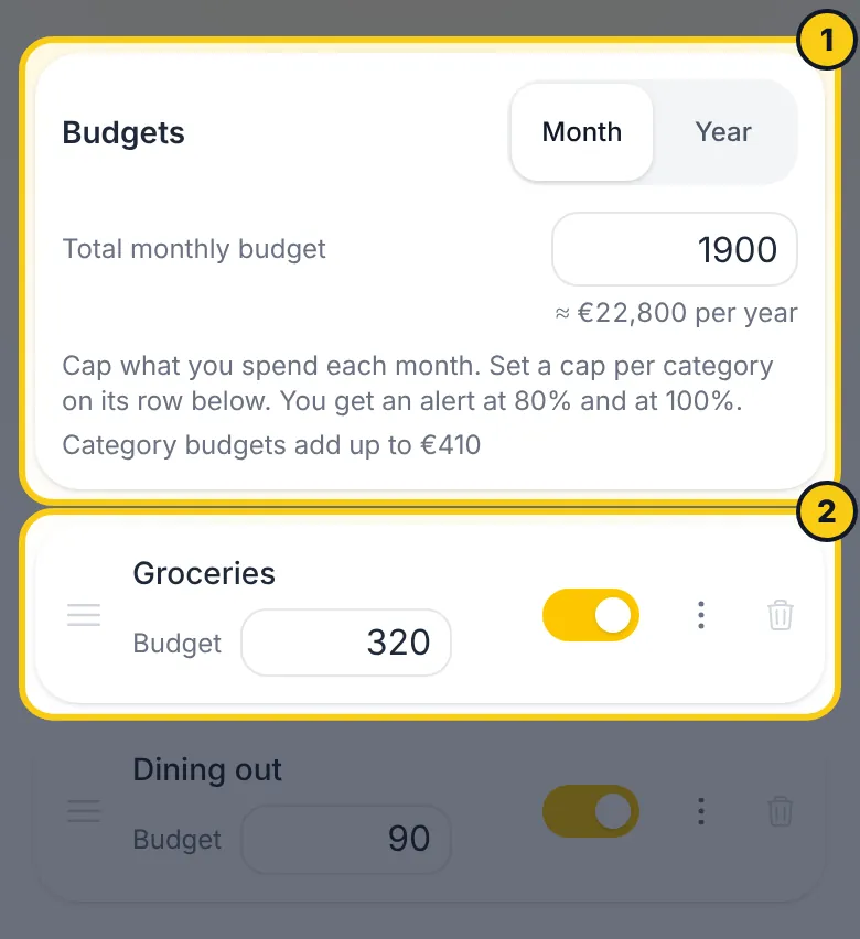 Die Karte Budgets und das eigene Limit einer Kategorie im Reiter Ausgaben