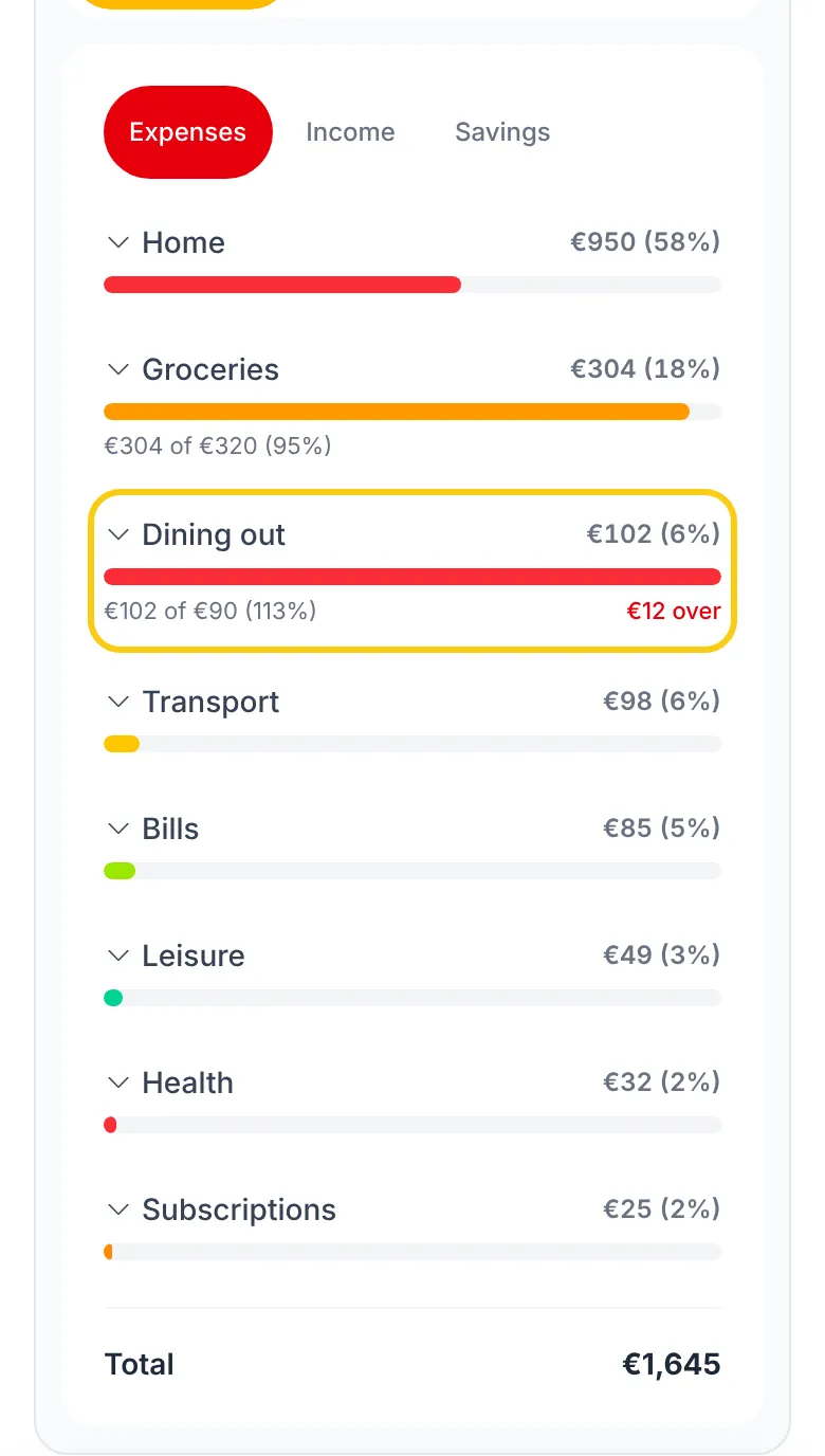 El desglose por categoría, con Restaurantes por encima de su presupuesto