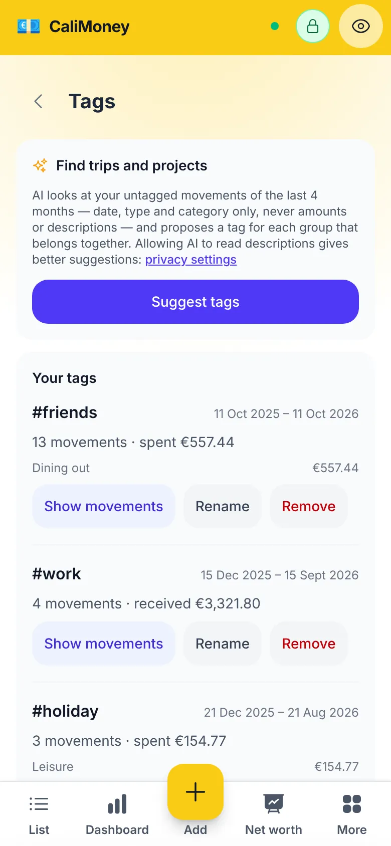 Tags in CaliMoney: jeder Tag mit seinen Buchungen und Summen