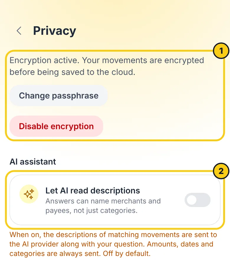 Datenschutz-Einstellungen: Verschlüsselungsstatus, Passphrase ändern und der Schalter für Beschreibungen an die KI
