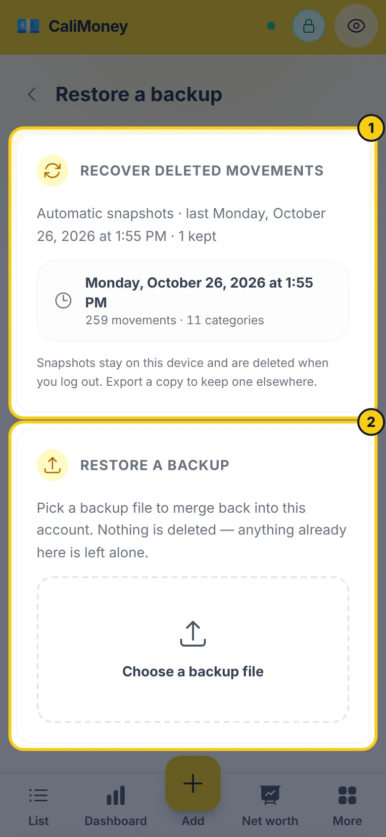 Die Wiederherstellungsseite: automatische Snapshots und Wiederherstellen aus einer Datei